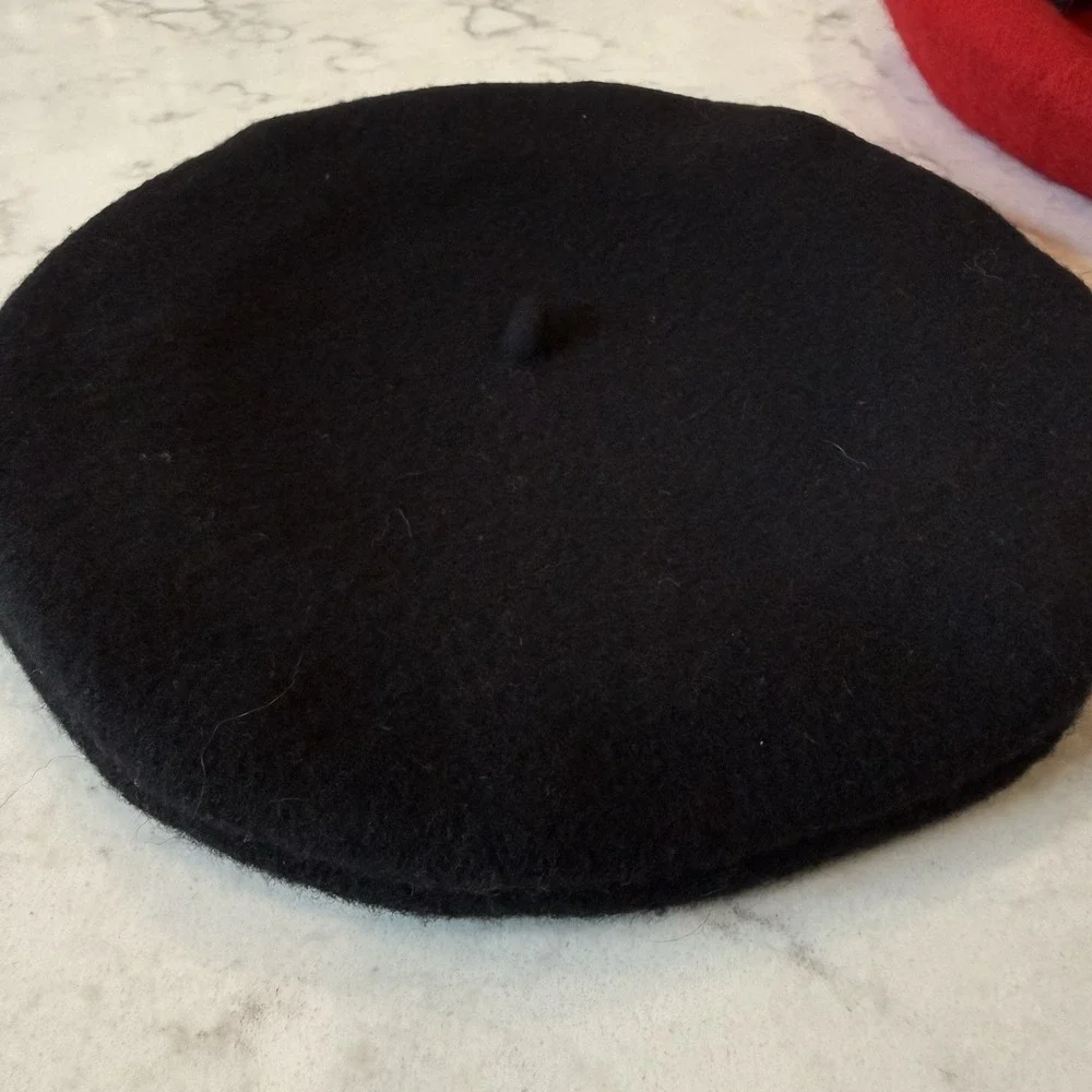 Vintage French Basque De Luxe Beret Black 100% Wool + Red Wool Beret